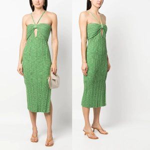 Cult Gaia Elfreda Ribbed Midi Dress SZ S Emerald Green Cut-out Halter Neck Strap